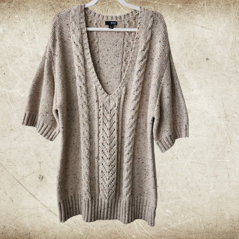 a.n.a Cable-Knit Oatmeal-Marled Deep V-Neck Sweater Size 1X - Picture 3 of 5